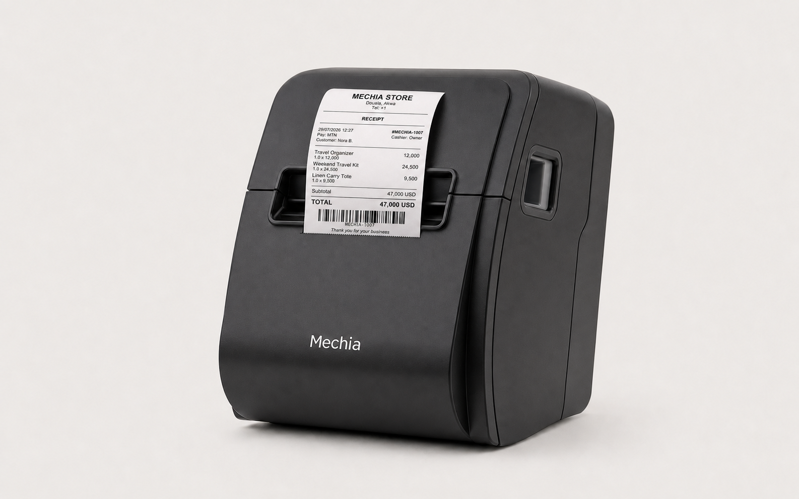 Mechia 80mm counter printer printing a Mechia Store receipt