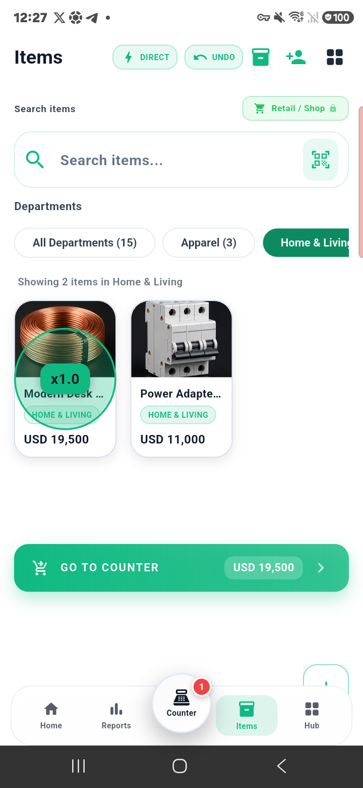 Product added to retail counter on Samsung phone