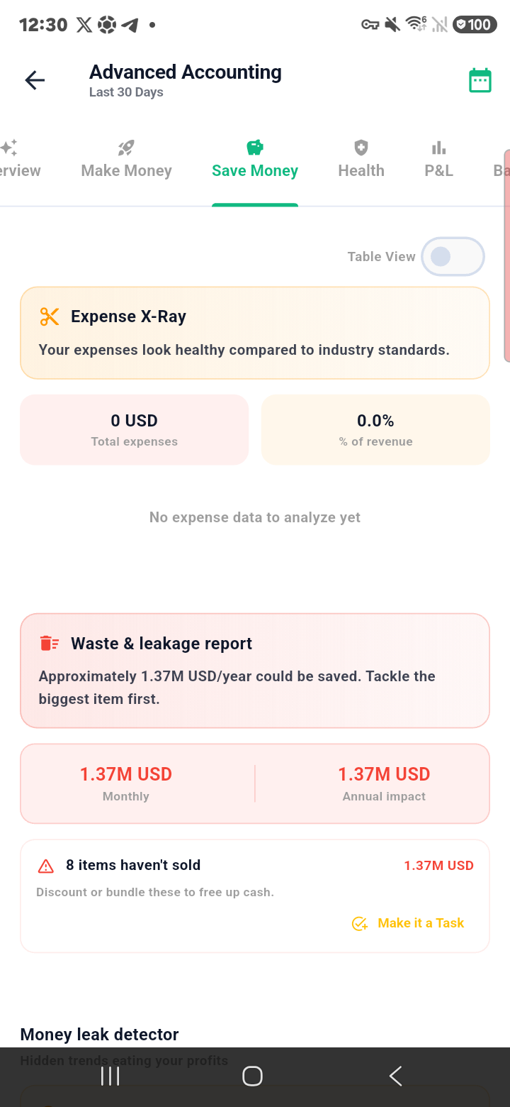 Save money accounting tab on Samsung phone