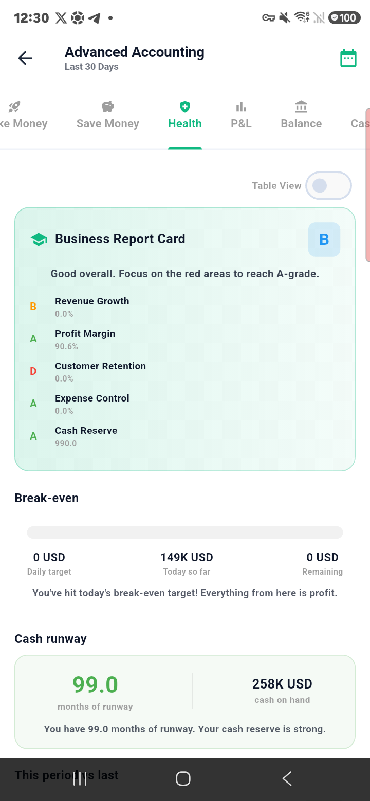 Accounting health tab on Samsung phone